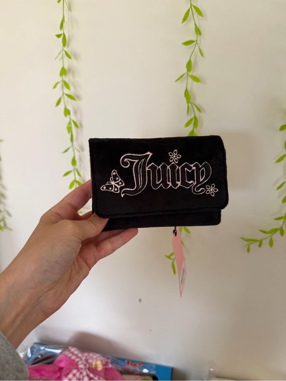 Juicy Couture Black Velvet Key & Card Holder with Embroidered Logo